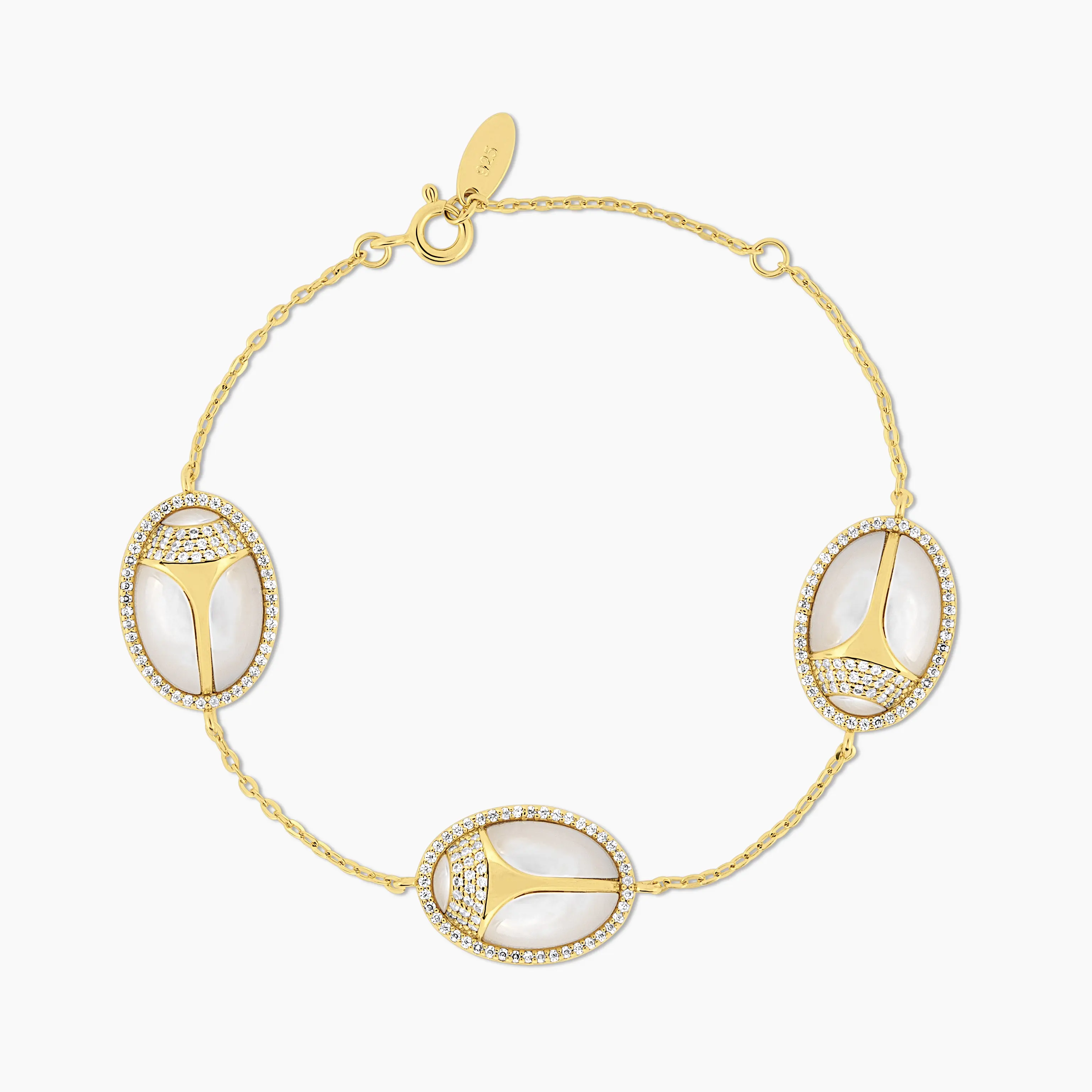Swagy Chic Triple Scarab Bracelet in Mother of Pearl, Auspicious Unisex Jewelry with Adjustable Fit for Daily Wear, Soft Pearly Glow, Triple Scarabs