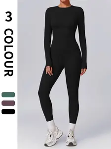 2pcs Set Women'S Long Sleeves Solid Crop High Waist Biker Pants Tracksuit Set Streetwear Tracksuit Sporty Breathable Comfy Outfits for Gym Workout Running Ladies Sportswear for Fall Minimalistic Outfit Cute Going Out Tops