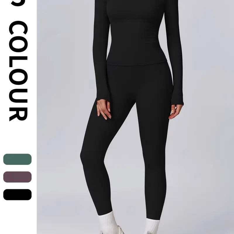 2pcs Set Women'S Long Sleeves Solid Crop High Waist Biker Pants Tracksuit Set Streetwear Tracksuit Sporty Breathable Comfy Outfits for Gym Workout Running Ladies Sportswear for Fall Minimalistic Outfit Cute Going Out Tops
