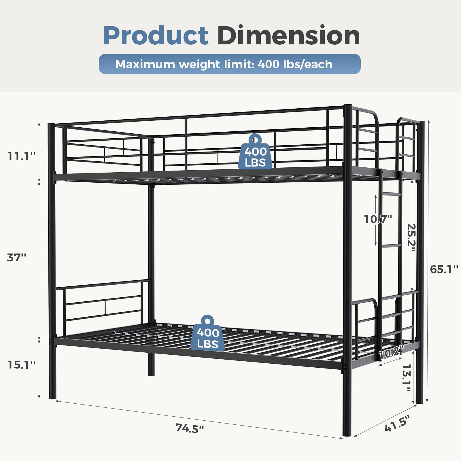 Bunk Bed Twin Over Twin ,Metal Bed Frame, Heavy Duty Bunk Beds, Bunkbed, Double Bed, Individual Twin Bed, Stackable Bunker Bed， With Removable Ladder Safety Guardrail (Black)Metal double-layer bed with stairs and safety railings, sturdy steel frame