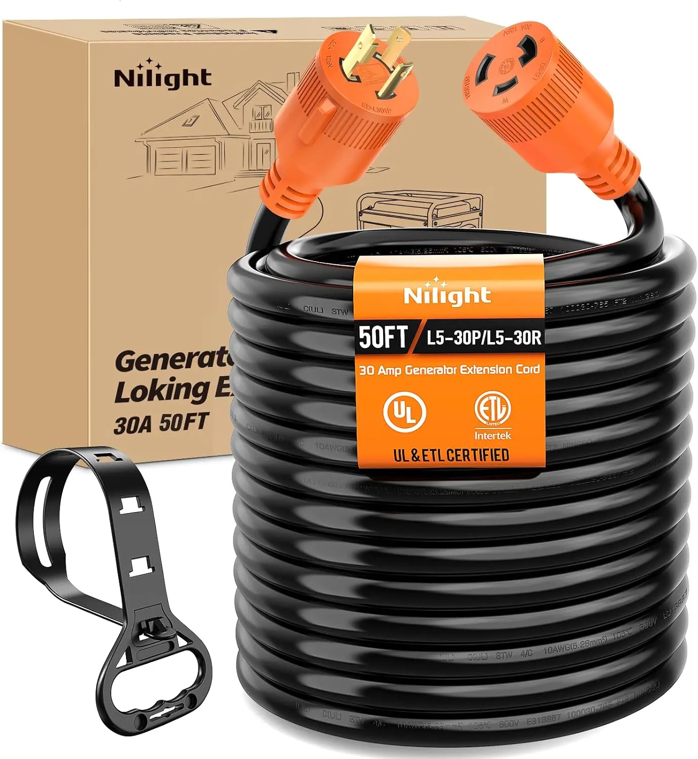 Nilight 30 Amp 50FT Generator Extension Cord 3 Prong RV Power Cords | with Twist Lock Waterproof NEMA L5-30P L5-30R Cable Heavy Duty 10 AWG ETL Listed for RV Marine Boat Generators Outdoor Use