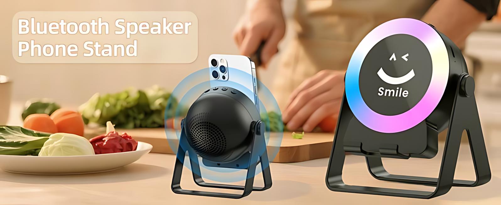 Bluetooth Speaker Phone Stand 5-in-1 Wireless Induction Audio Mobile/Tablet Holder with Power Bank Emergency Charging, LED Night Light, Adjustable Stand for iPhone & Android, Portable Desk Gadget Gift