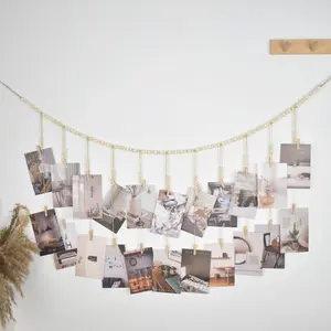 Boho Hanging Photo Display with 22 Clips – Wooden Bead Garland, Macrame Rope & Collage Frame for Wall Art Decor in Bedroom, Dorm, Classroom or Office