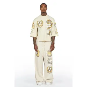 Gallant Beige 3/4 Crop Boxy Tee/ Fleece Baggy Pant Track Set