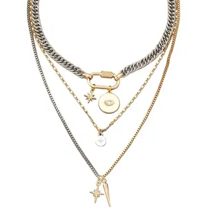 Gold Layered Stackable Necklaces for Women – 3Pcs Chunky Statement Set with Mixed Metal Coin Charms, Trendy Jewelry Gift for Her