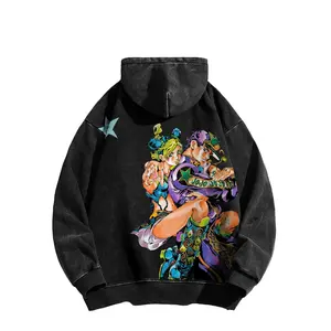 Jolyne Cujoh acid wash vintage hoodie from *JoJo's Bizarre Adventure* and her father, Jotaro Kujo. American-style, Made in the USA | Premium 100% Cotton Streetwear Hoodie | Relaxed Fit