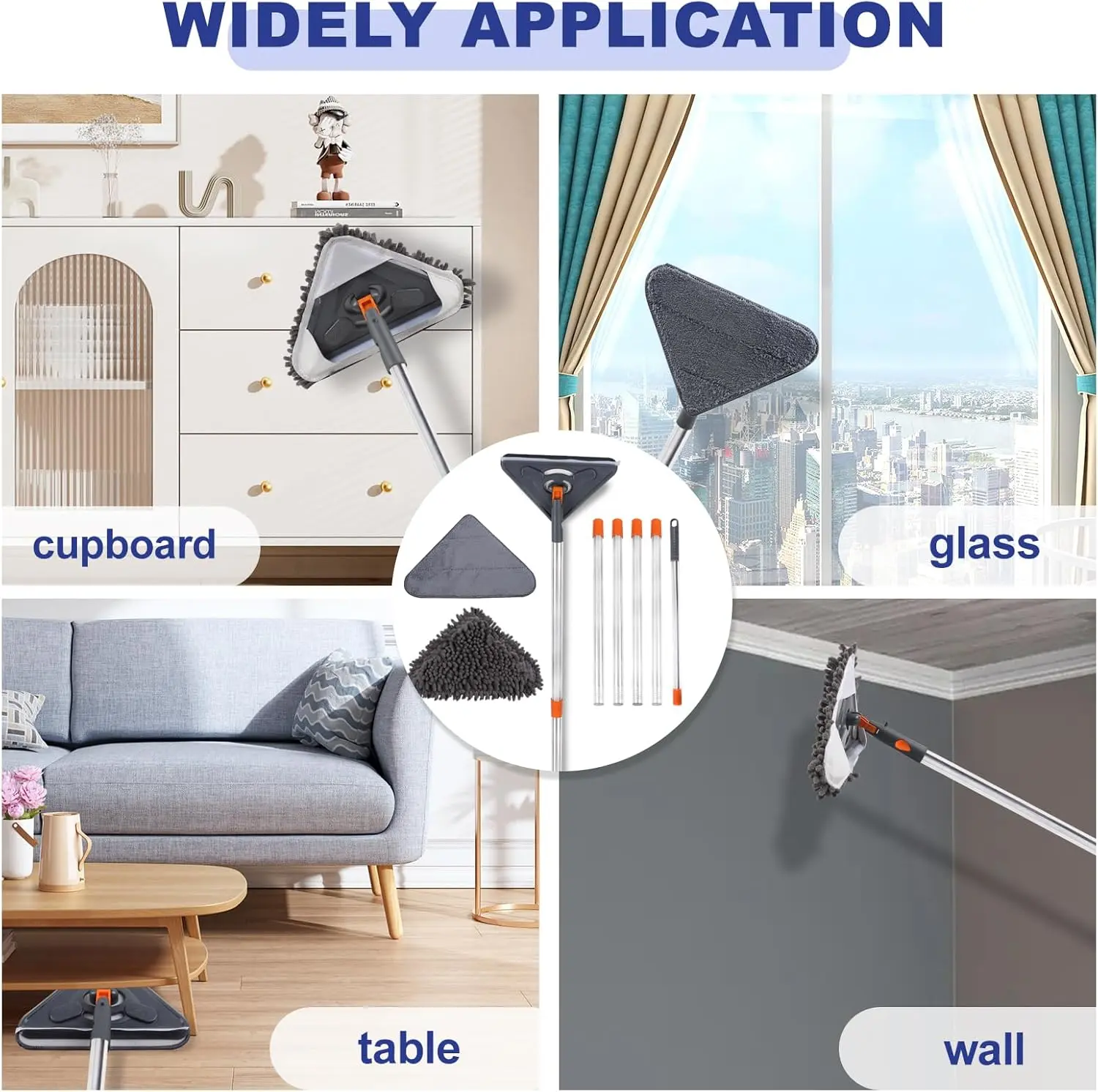 Wall Cleaner Mop Adjustable 79 Inch Long Handle 360° Swivel Head for Walls Ceilings Baseboards Windows Microfiber Chenille Pads Squeegee Cleaning Metal Box Household Lightweight Smooth Tool