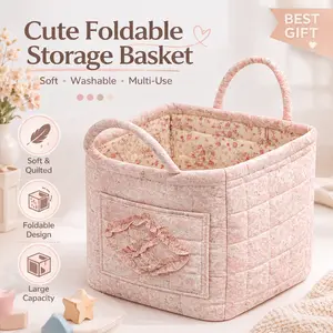 Boho Floral Fabric Foldable Laundry Basket&Storage Tote with Handle|Large Washable Multi-Purpose Organizer for Clothes-Women socks,Dolls,Car,Home&Office|Decorative Farmhouse Style Bag,Durable Travel Cosmetic Organ multi-functional car storage basket