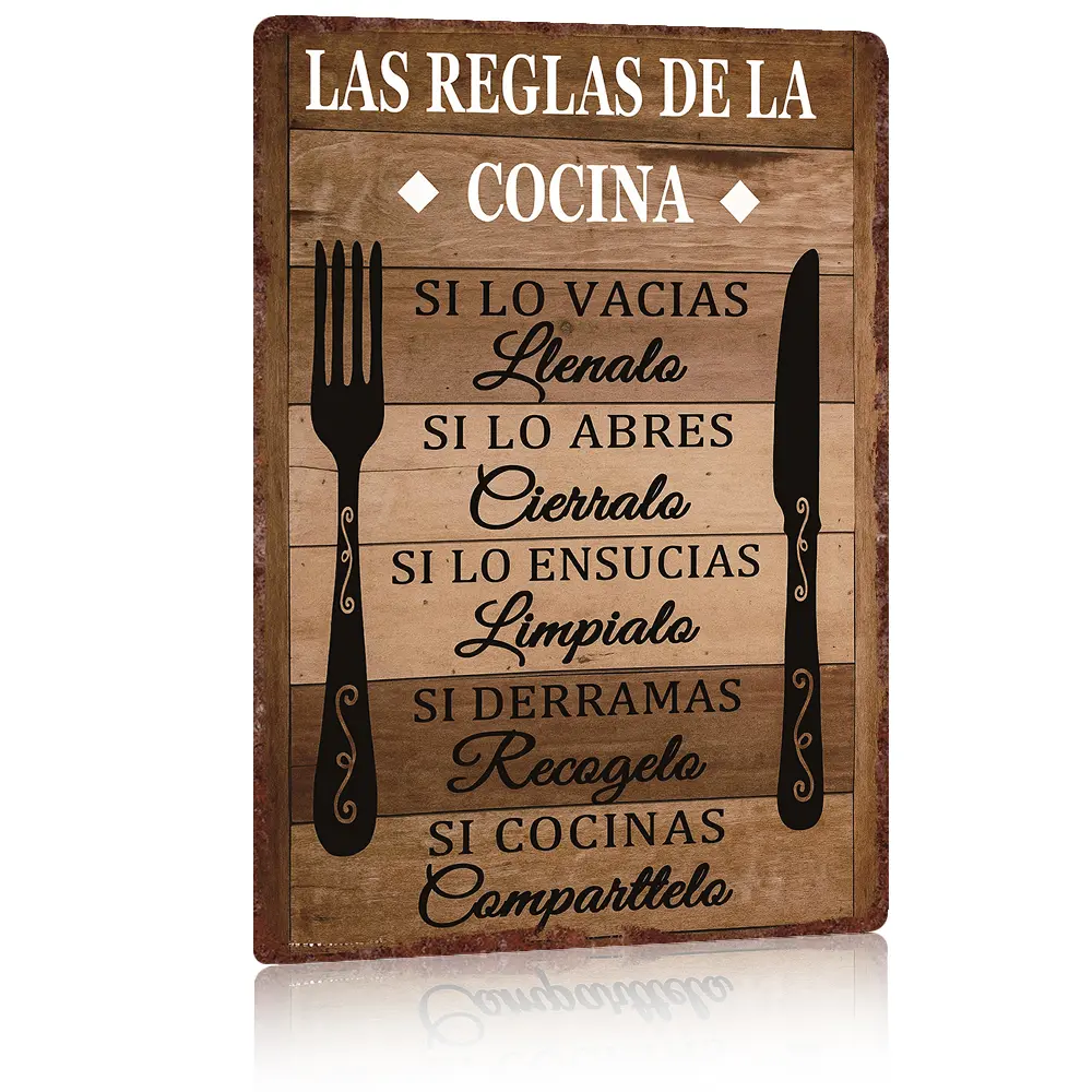 Spanish Kitchen Rules Sign, 8x12 Inch Aluminum Kitchen Decor, Vintage Metal "Las Reglas de la Cocina" Sign, Rustproof Spanish Kitchen Wall Art, Waterproof Kitchen Rules Plaque, Pre-drilled Spanish Home Decor Sign