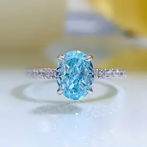 S925 Sterling Silver Aquamarine Radiant Cut Oval Ring 6*8mm 6A Cubic Zirconia Ring-272