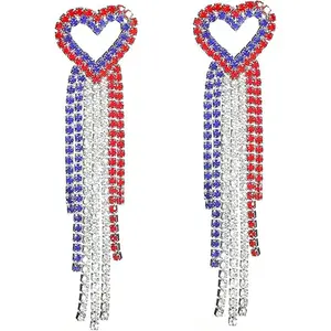 4th of July Tassel Earrings for Women with Heart Design, Boho Style, Long Drop Crystal, Patriotic Heart Rhinestone, Independence Day Jewelry