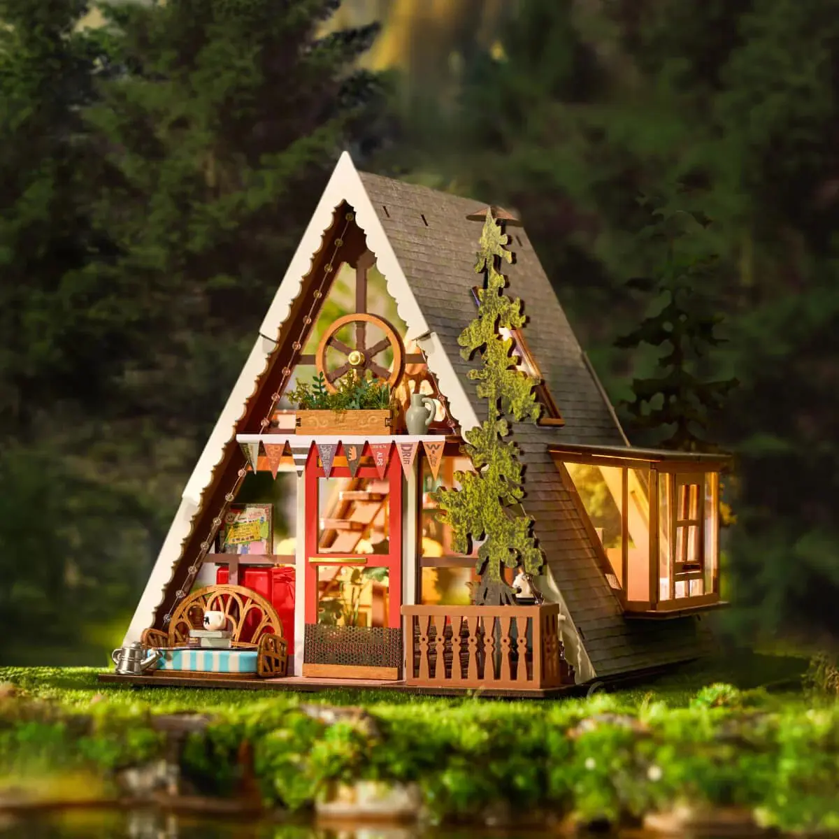 ROBOTIME Rolife A-Frame Cabin DIY Miniature House 3D Wooden Puzzle Therapeutic Home Decor Unique Birthday Gift for Adults