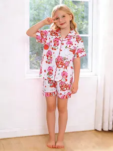 2-piece set of children's white background full of love girl teddy bear afternoon tea party cartoon print pattern short sleeved shorts soft and comfortable top small pocket elastic waistband head daily home casual children's Fruit Print pajamas set