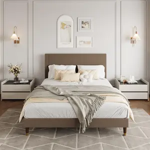 Garvee Queen Size Upholstered Platform Bed Frame with Modern Fabric Headboard, Sturdy Metal Frame, Wooden Slats for Double Support, Non-Slip, Noise-Free, No Box Spring Needed, Easy Assembly, Brown