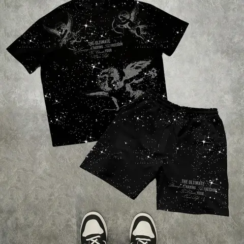 Men's Oversized Baggy Short-Sleeved T-Shirt and Shorts, Cupid Angel Pattern, Street Style Streetwear for Daily Commute, Casual Outings and Back-to-School Occasions, Gift for Father, Husband or Boyfriend, Menswear, Clothing, Clothes