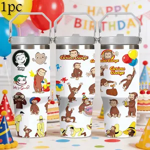 1pc 30oz Curious George Stainless Steel Insulated Tumbler with Handle & Straw, Double Wall Vacuum Travel Mug, Portable water bottle, Drinkware, Perfect Gift for Fans, Ideal for School & Travel