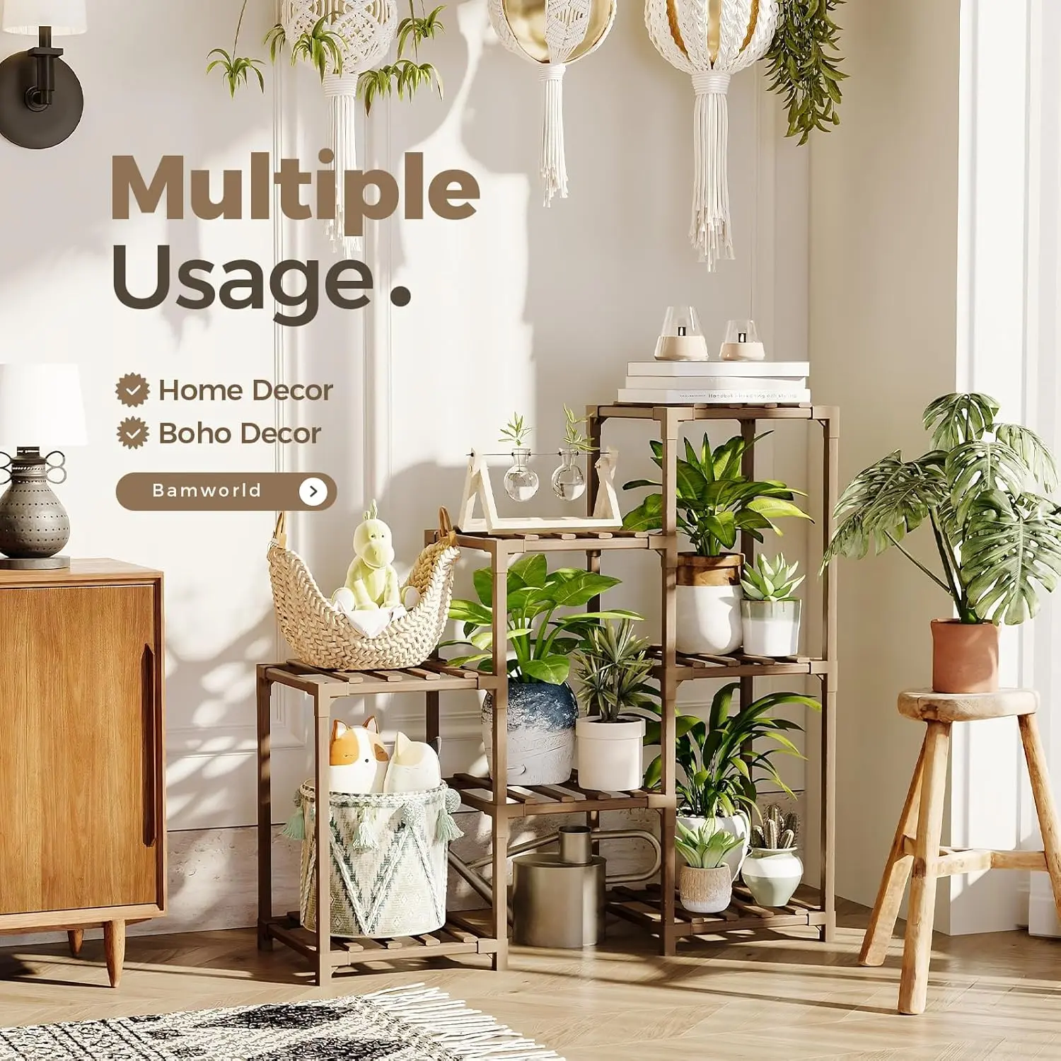 Multi-Usage Home Decor Boho Shelf Unit for Plants Books and Decorative Items