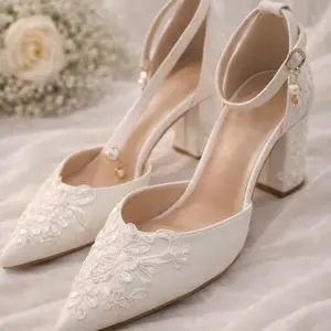 Elegant Lace Bridal Block Heels – White Satin Wedding Pumps with Ankle Strap