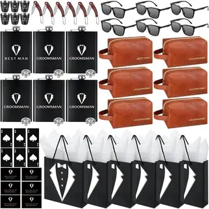 60Pcs Groomsmen Gifts Set of 6 Groomsmen Proposal Box with Flasks Sunglasses PU Leather Toiletry Bag Bottle Opener for Wedding Groomsman Best Man Gift