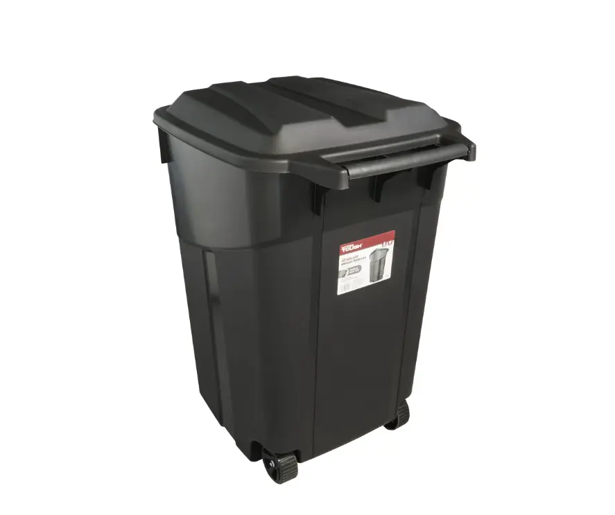 Hyper Tough 45 Gallon Wheeled Heavy Duty Plastic Garbage Can, Attached Lid, Black