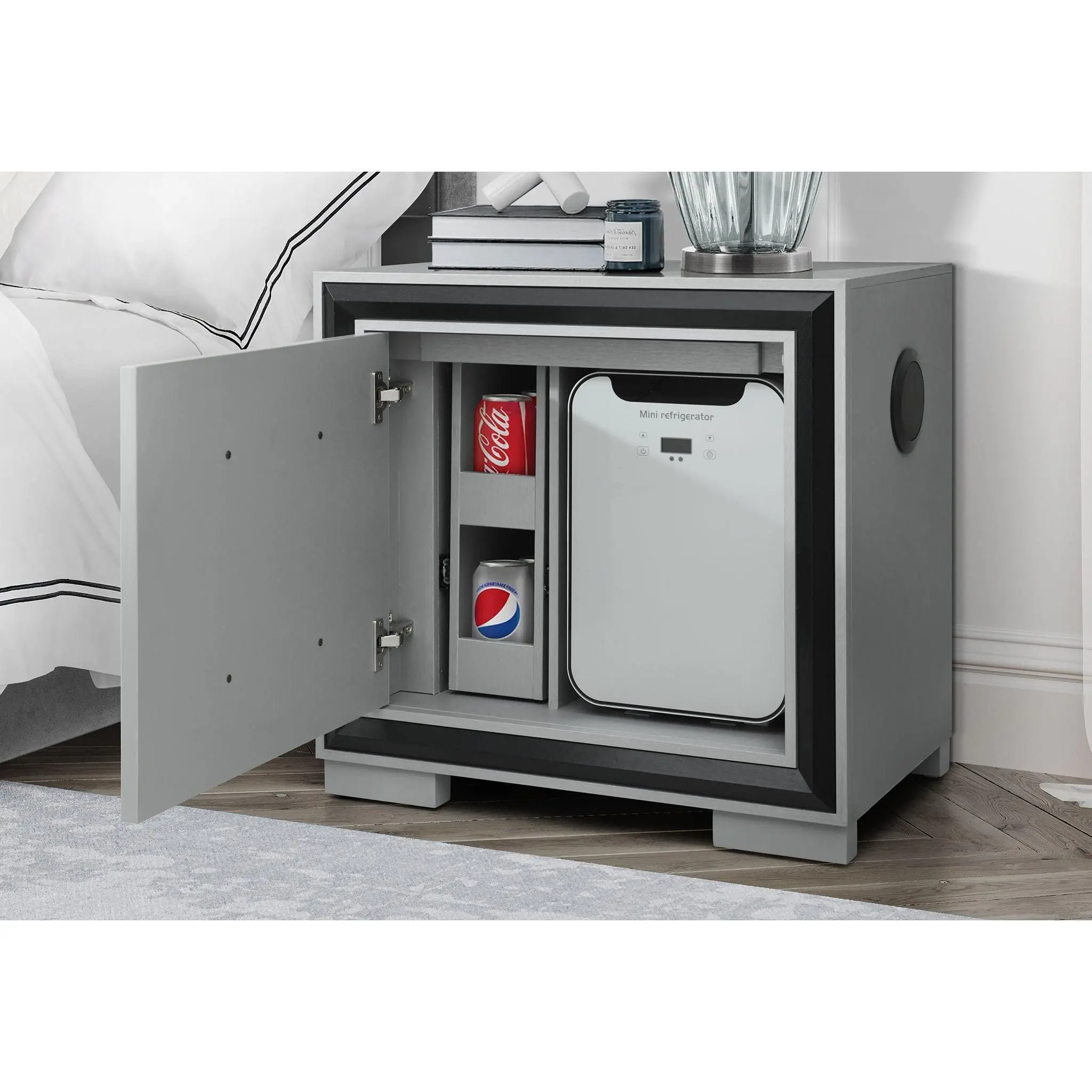 Amelia - Nightstand With Cooler And Speaker - Black / Gray
