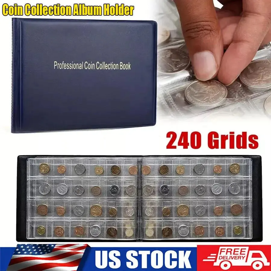 High-Quality Soft PVC 240-Coin Collectibles Album, Grid Layout, Top Flap Lock, 20.5x15.5cm Coin Storage Organizer for US Collectors, Office Desk Accessory