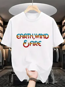 Men's Plus Size Earth Wind Fire Retro Graphic T-Shirt - Black Vintage 70s/80s Music Band Design, Breathable Short Sleeve Casual Tee, Machine Washable Soft Fabric, Bold Statement Shirt for Concerts & Daily Wear (Father's Day Gift Idea)