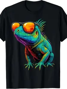 Retro Iguana Lizard Wearing Glasses T-Shirt - Funny Reptile Graphic Tee for Men & Women, 220G Pure Short-Sleeve Shirt with Iguana Print, Casual Summer Top for Zoo Trips & Casual Attire
