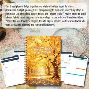 A5 70-page travel planning handbook and journal  autumn scenery themed cover design diary, portable itinerary checklist template, including daily diary, date, destination, budget, packing list and other functions, softcover hardcover compact notebook, sp