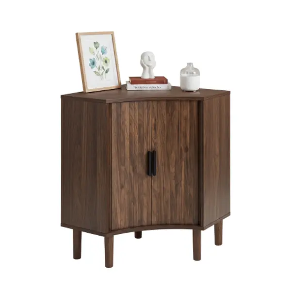 Walnut Wood Sturdy Fluted Corner Floor Cabinet - Home Decor Corner Cabinet, 21.49x21.49x29.72in, 40.48lbs (Over 25kg), Freestanding Narrow Organizer with 2 Sliding Doors & Adjustable Shelves for Furniture for Small Spaces, Closet Storage, Small Room Ideas