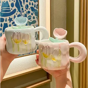 Handmade Ceramic Flower Design Kawaii Mug with Tulip Spoon Coffee Mug party gift Cup Drinkware