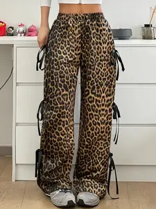Women's Leopard Print Cargo Pants with Multiple Drawstrings, Y2K Streetwear Wide-Leg Trousers, for Fashion Outfits and Daily Casual Wear
