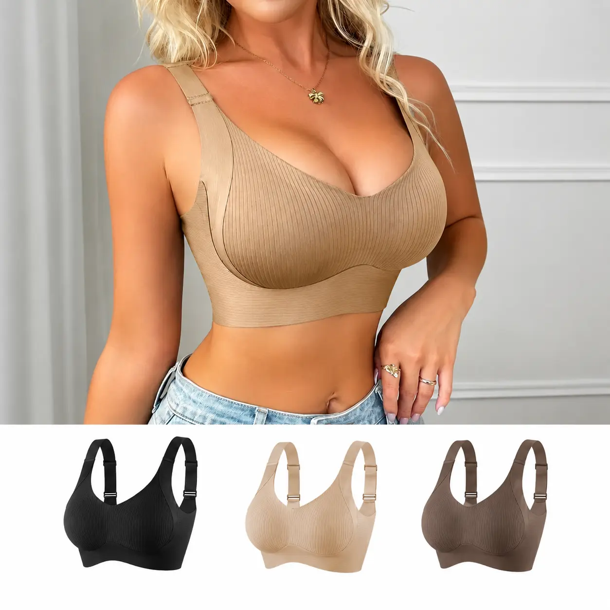 Women's Seamless Wireless Bras V-Neck Full Coverage Back Smoothing High Stretch Breathable Adjustable Straps Removable Pads Light Support Comfortable Everyday Bras for Yoga Daily Wear