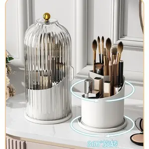 Rotating Cosmetic Brush Holder, Transparent Modern Birdcage Makeup Organizer, Dustproof Compartmentalized Desktop Vanity Storage Box with Adjustable-Speed Rotating Display Stand & Collapsible Multifunctional Bins (Color Random, Not for Sale)