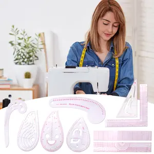9PCS Sewing Ruler Set Inch and Metric Clear Curve Straight Shape Marking Ruler Kit Precise Sewing Measuring Ruler with L-Shape Straight Comma Triangular Ruler for Tailors