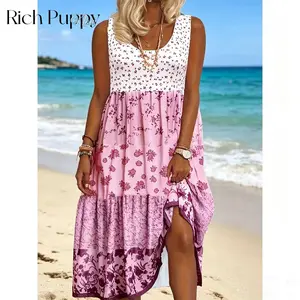 Plus Size Boho Dress, Women's Plus Colorblock Ditsy Floral Print Round Neck Smock Tank Dress