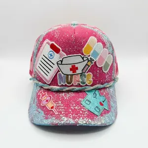 Custom Nurse Patch Trucker Hat Pink Glitter Foam Mesh Back Adjustable Snapback Closure for Nurses Doctors & Healthcare Heroes