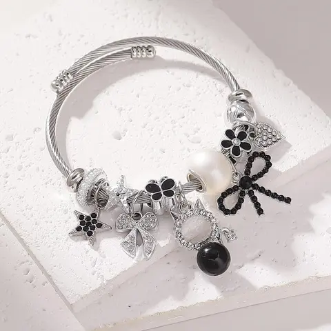 Cute Cat & Star & Bow & Flower Design Charm Bracelet, Stainless Steel Bracelets, Premium Bracelet, Pretty Bracelet, Fashion Jewelry for Party, Daily Clothing Decor, Trendy All-match & Exquisite Jewelry for Birthday Gift