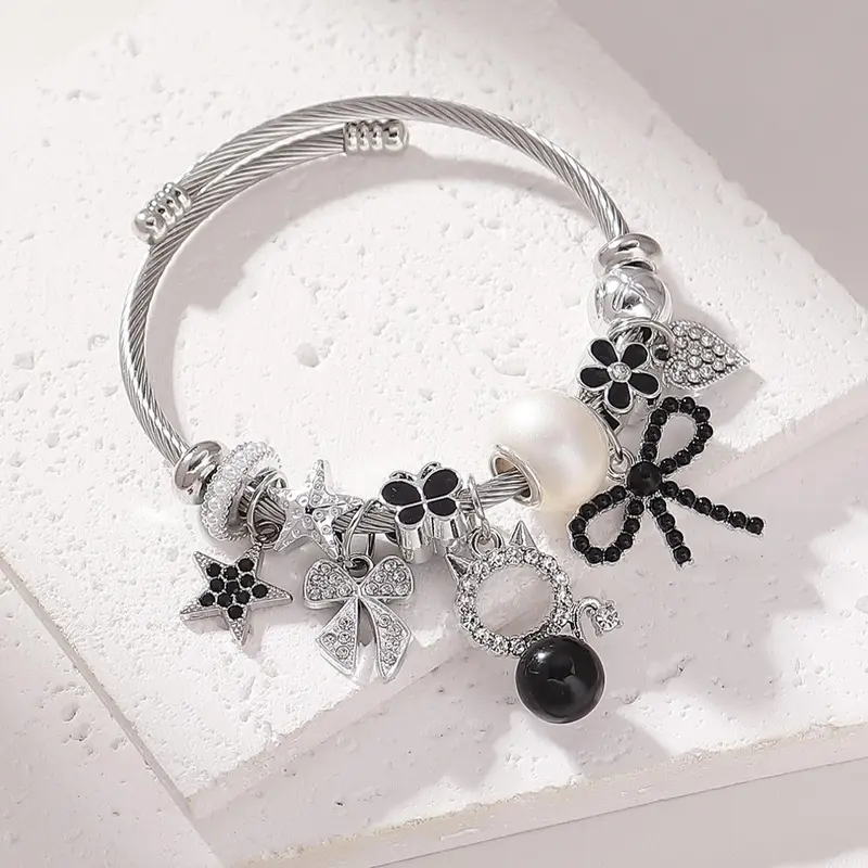 Cute Cat & Star & Bow & Flower Design Charm Bracelet, Stainless Steel Bracelets, Premium Bracelet, Pretty Bracelet, Fashion Jewelry for Party, Daily Clothing Decor, Trendy All-match & Exquisite Jewelry for Birthday Gift