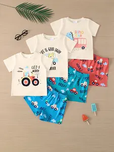 Boys' Casual Letter Car Animal Print Soft Comfortable Knit Fabric Summer Short Sleeve T-Shirt Shorts Clothing Set Outdoor Wear Children Summer Clothing Set