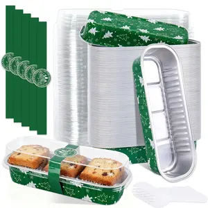 100 Pcs Christmas Mini Loaf Pans with Lids and Forks Mini Cake Pans Green Xmas Tree Rectangular Aluminum Foil Baking Container for Muffin Ramekins Party Picnic Supplies
