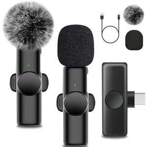 Wireless Lavalier Microphone, USB Rechargeable Wireless Microphone with Fur Ball Windshield, Smart Noise Cancellation Mic for Live Streaming, Interviews, Audio