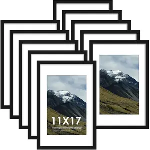11x17 Picture Frame Sef of 10, Display Pictures 8x12 with Mat or 11 x 17 Without Mat, Photo Frame Collage for Wall Gallery Decor, Wall Mounted, Black