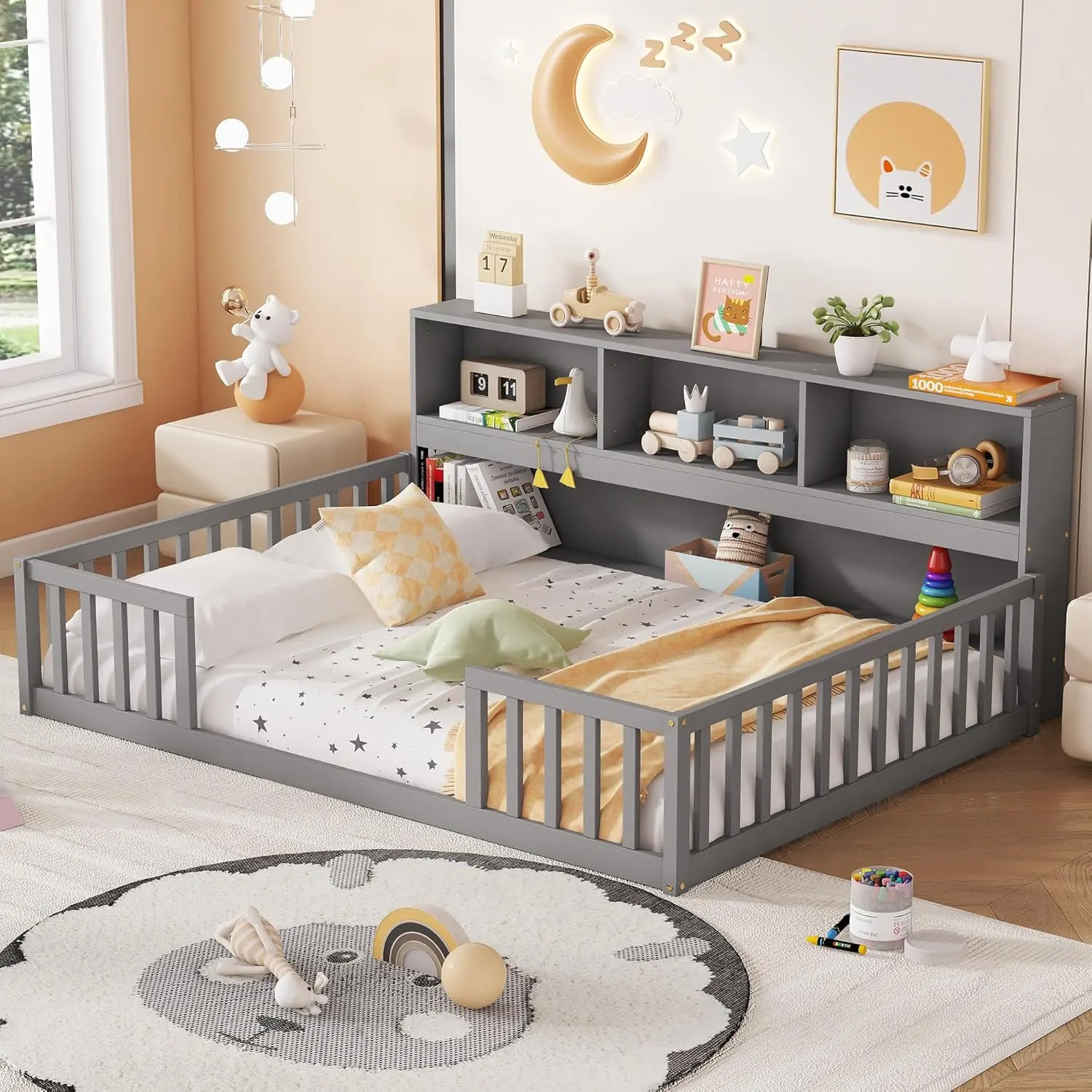 Full Size Floor Bed with Storage Bookcase & Shelves，Wood Montessori Kids Bed Frame with Storage Side Bookshelves & Rails, Montessori Floor Beds Full, for Kids, Girls, Boys, Grey