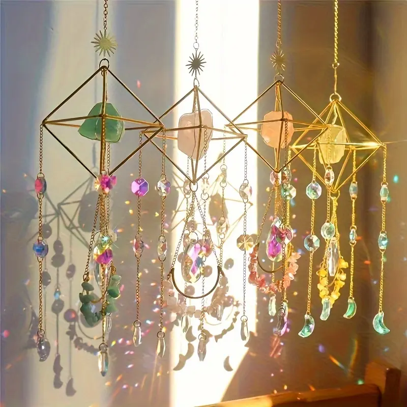 Bohemian Sun Catcher Window Hanging - Rainbow Crystal Prism Decor with Natural Stones | Spiritual Home Gift, Luxury Pink Room Accents for Indoor Garden & Housewarmin