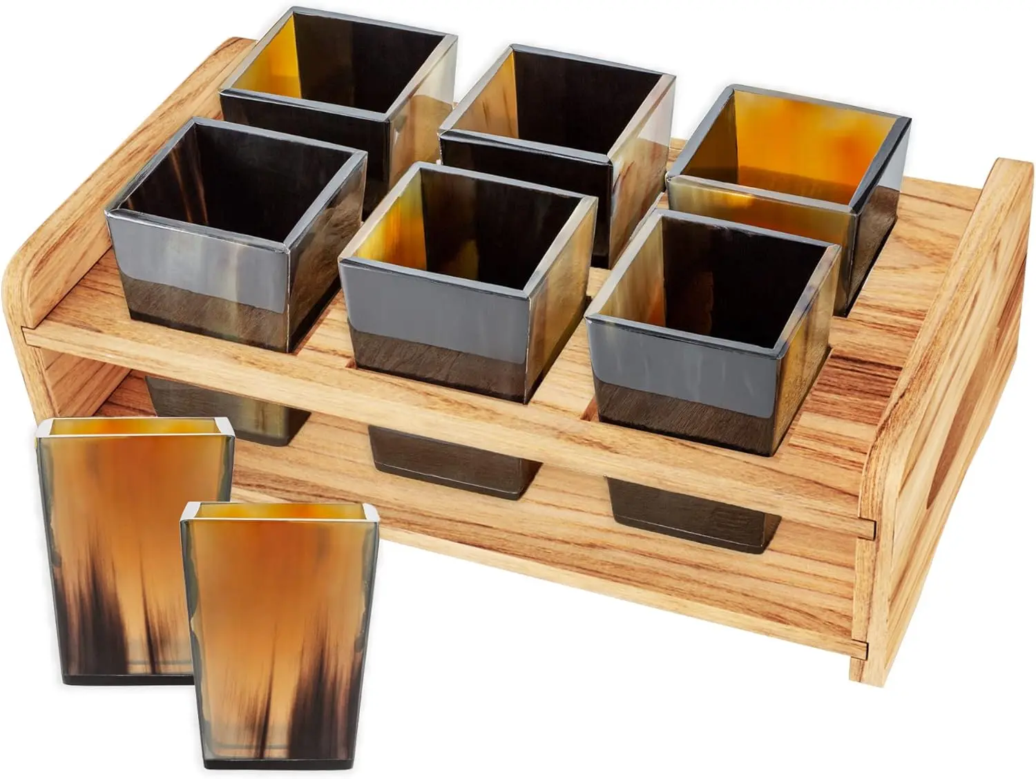 Medieval Warrior Horn Shot Glass Boxset - 12-Piece Viking-Style Set with Wooden Tray, Unique Shape, Authentic Look, Ethically Sourced, Cruelty-Free for Parties, Whiskey Glass Gift