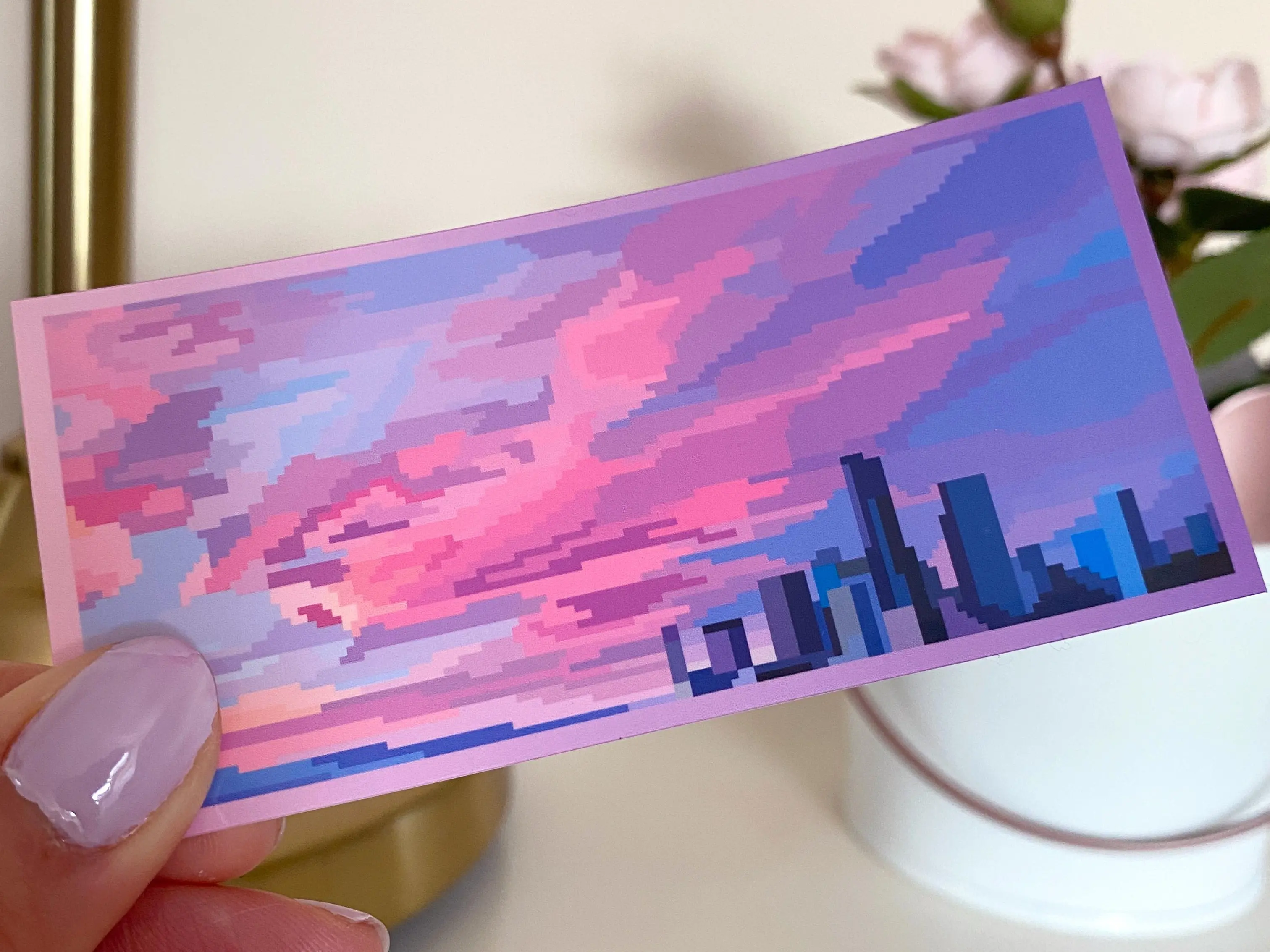 Cityscape Clouds Pixel Art Pink Sunset Sticker, Retro Glossy Die Cut Sticker, Waterproof and Laminated Decor