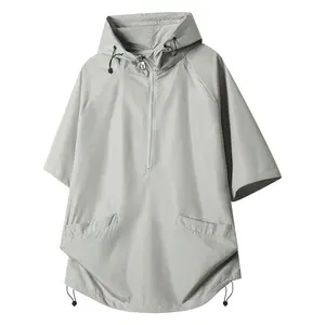 Male Plain Hooded Design Loose-Fitting Half-Zip Short-Sleeve Windbreaker, Drawstring Hem, Adjustable Hood, Mesh Breathable Fabric, 2 Side Pockets, Lightweight Machine Washable Outdoor Pullover Coat for Hiking, Daily Streetwear#SummerWins