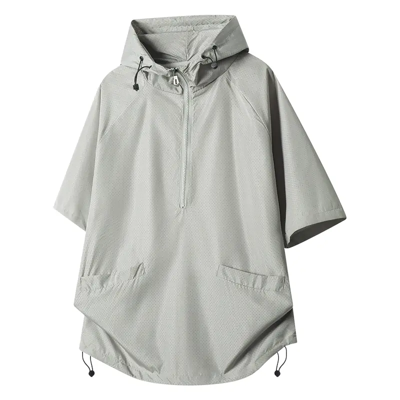 Male Plain Hooded Design Loose-Fitting Half-Zip Short-Sleeve Windbreaker, Drawstring Hem, Adjustable Hood, Mesh Breathable Fabric, 2 Side Pockets, Lightweight Machine Washable Outdoor Pullover Coat for Hiking, Daily Streetwear#SummerWins