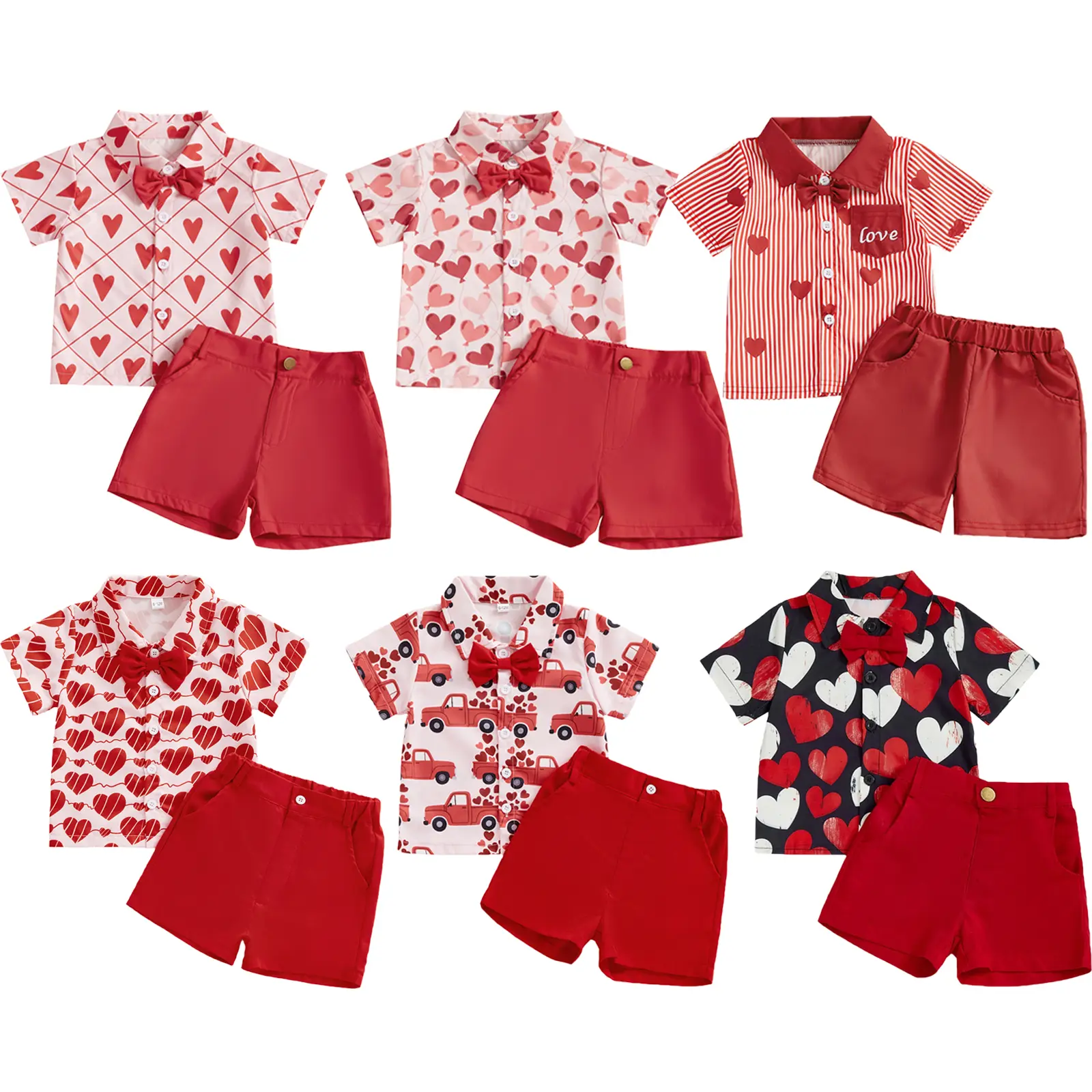Babamoon Toddler Baby Boy 2-Piece Gentleman Clothing Set, Valentine's Day Heart Print Short-Sleeve Button-Up Shirt with Bow Tie, Pocketed Shorts